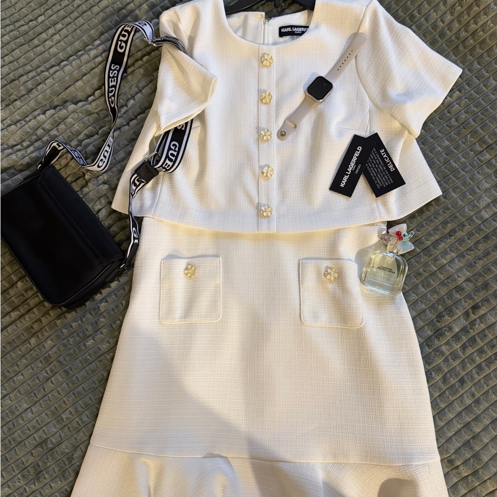 Karl Lagerfeld Paris Tweed Dress Set Size 12 NWT Cream 2 Piece Skirt Suit